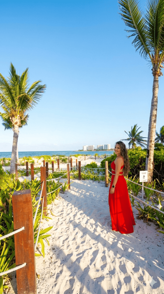 Viridiana, fundadora de Vive Mar Real Estate, sonríe caminando por un sendero de arena blanca hacia el mar Caribe. Viste un elegante vestido largo color rojo y en el fondo se aprecian palmeras, vegetación tropical y complejos residenciales de lujo frente al mar