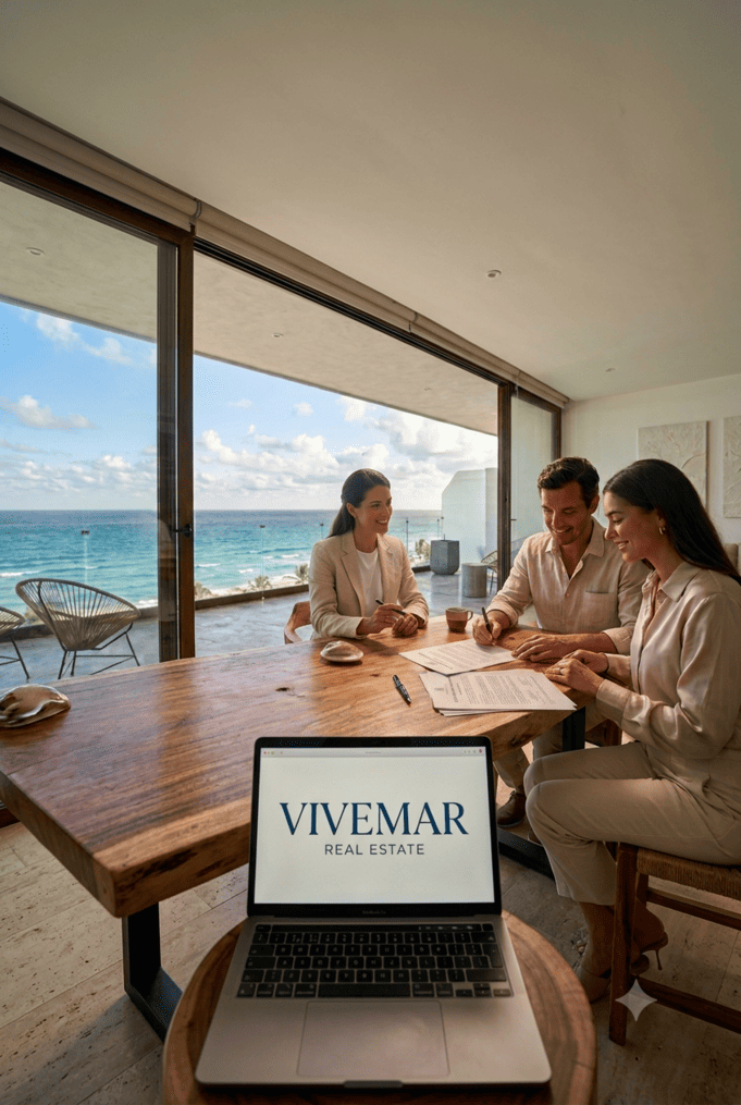 tres personas firmando una escritura inmobiliaria frente al mar.