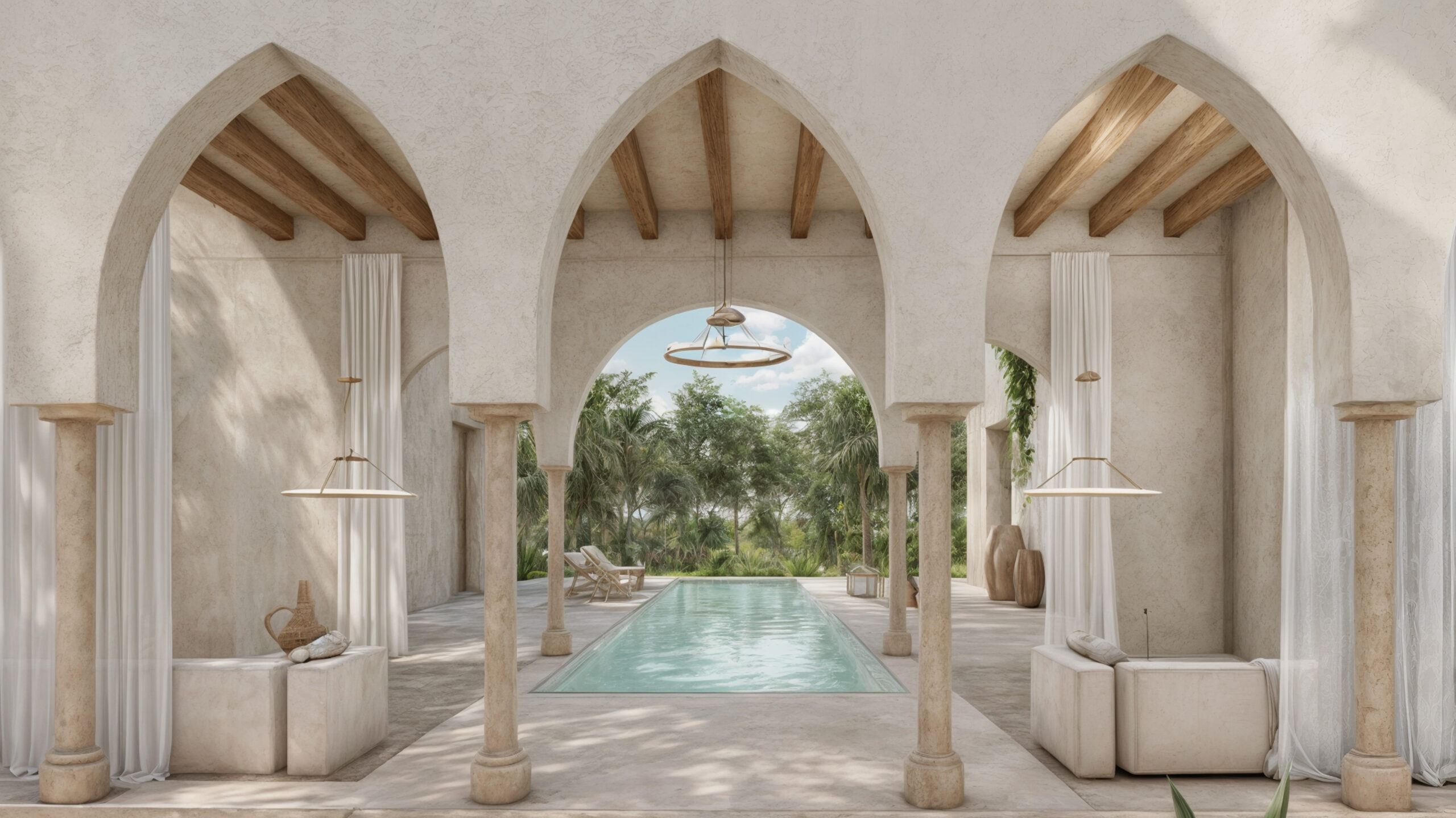 Render de lo que parece un espacio arquitectónico similar a una Ilustración digital de un templo espiritual con arcos altos y un portal luminoso