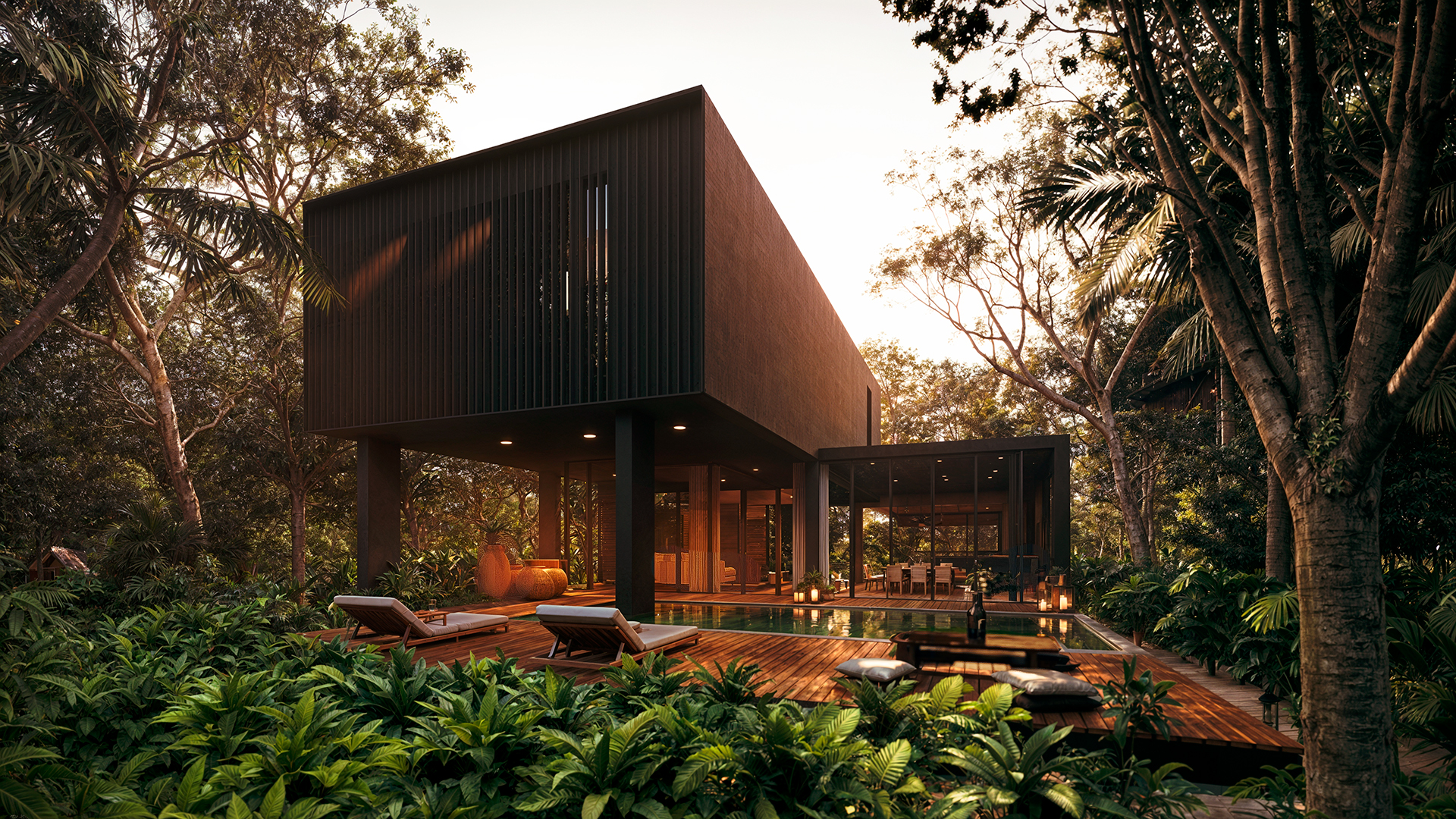 Render arquitectónico exterior de una residencia moderna con fachada obscura y acabados de madera, integrada en un entorno selvático o boscoso al atardecer