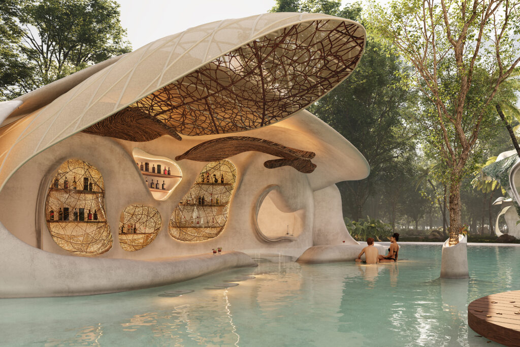 Render de un bar de alberca con arquitectura orgánica y techo tejido que simula una concha marina, en un desarrollo residencial de lujo