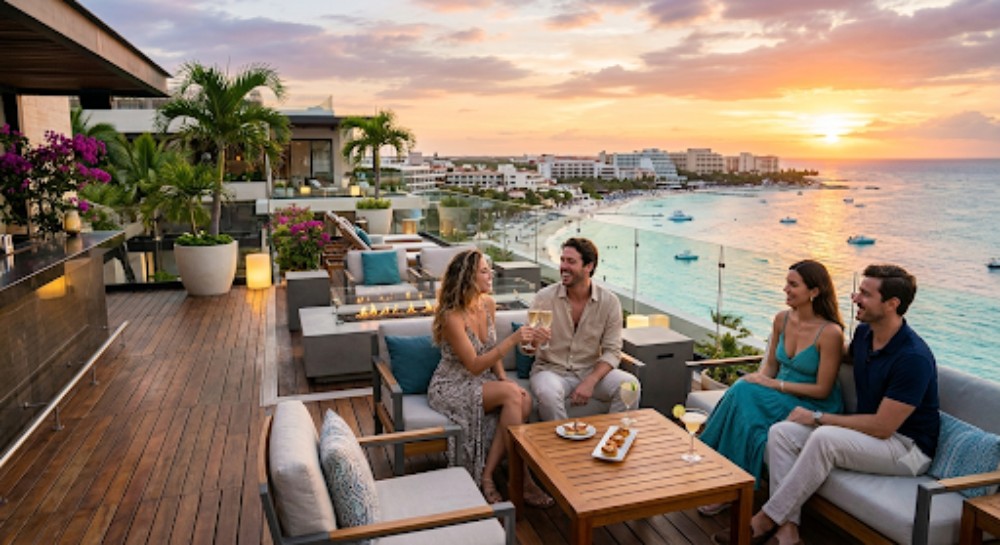 vista panorámica desde una terraza de lujo en un penthouse en playa del carmen dos parejas sonríen y brindan con copas en la zona lounge.