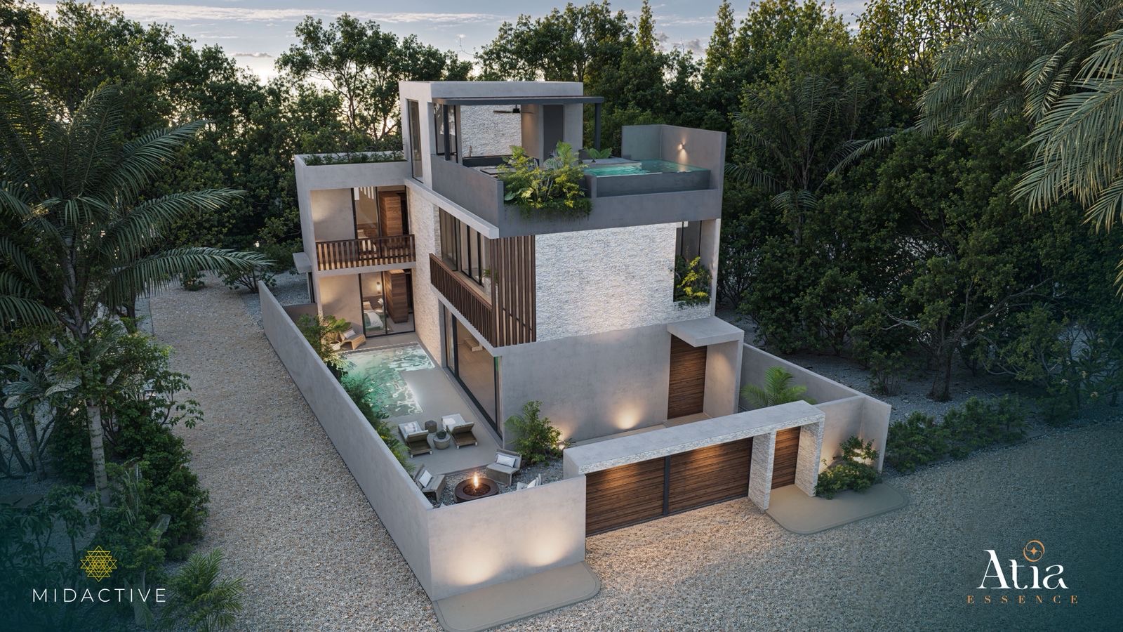 Render arquitectónico en perspectiva aérea de una residencia moderna de tres niveles con alberca privada, terraza en el roof garden y cochera cerrada.
